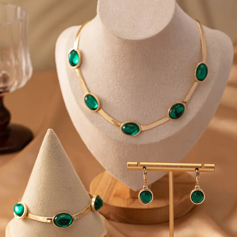 Conjunto de collar con colgante de cristal verde ovalado y pulsera➕ENVIO GRATIS