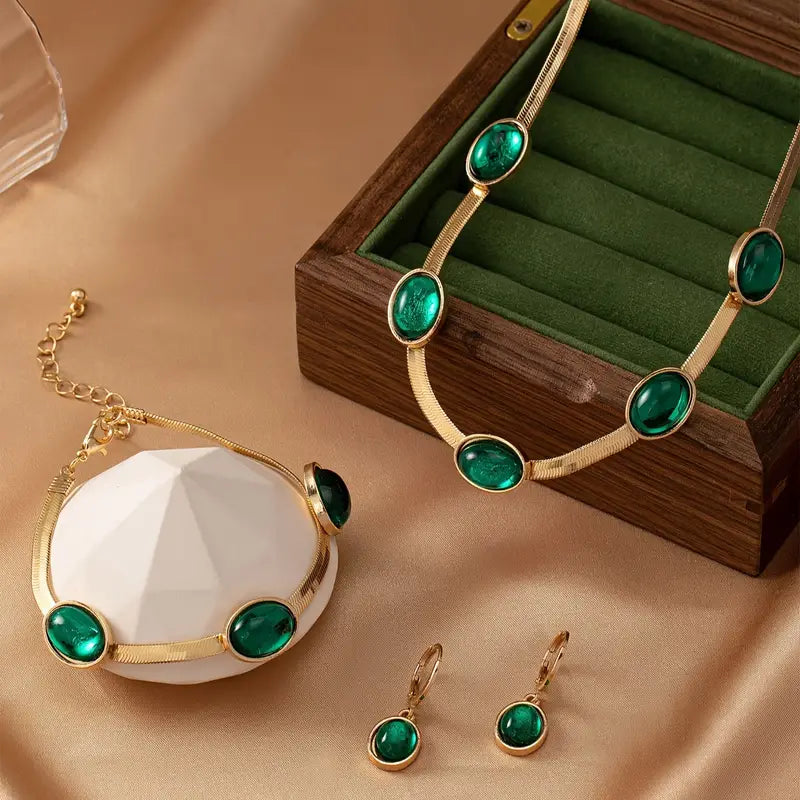 Conjunto de collar con colgante de cristal verde ovalado y pulsera➕ENVIO GRATIS