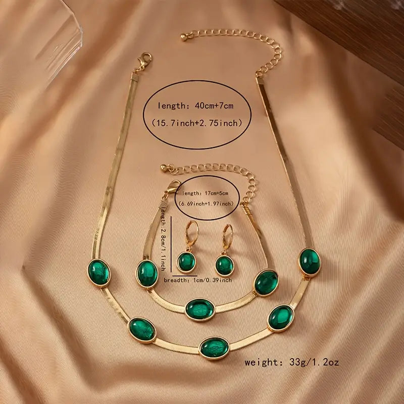 Conjunto de collar con colgante de cristal verde ovalado y pulsera➕ENVIO GRATIS