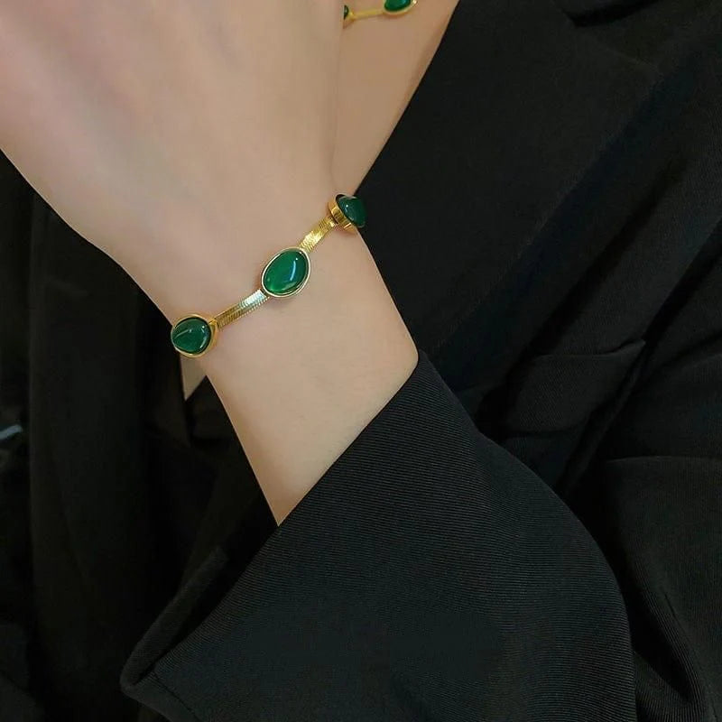 Conjunto de collar con colgante de cristal verde ovalado y pulsera➕ENVIO GRATIS