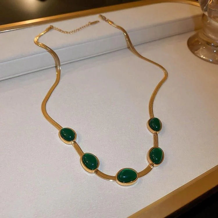 Conjunto de collar con colgante de cristal verde ovalado y pulsera➕ENVIO GRATIS