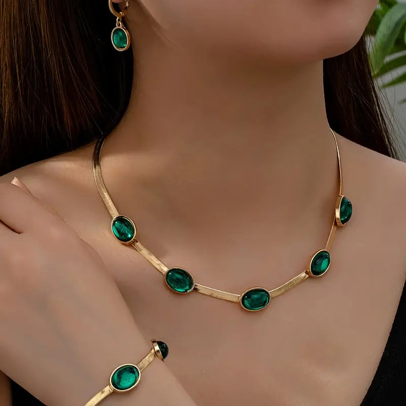 Conjunto de collar con colgante de cristal verde ovalado y pulsera➕ENVIO GRATIS