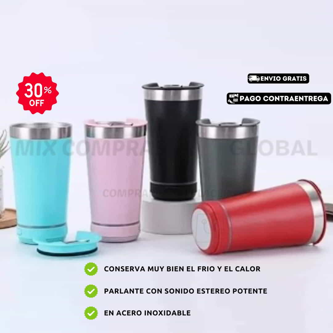 VASO TERMICO 2 EN 1🤩 PARLANTE INCLUIDO ➕ DESTAPADOR 😍LLEVALO EN EL PORTAVASOS DE TU CARRO💎