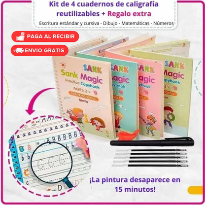 Kit con 4 cuadernos de caligrafía mágicos reutilizables + regalo extra